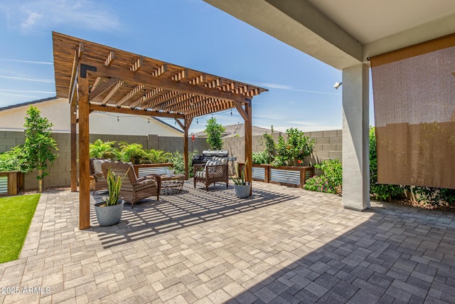 10447 W Salter Dr, Peoria, AZ 85382 - fenced backyard featuring a pergola, an outdoor hangout area, and a patio