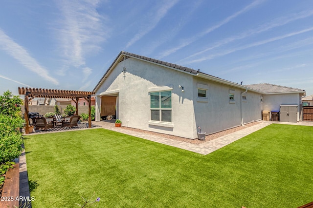 10447 W Salter Dr, Peoria, AZ 85382 - rear view of house with a pergola, stucco siding, a patio, and an outdoor living space