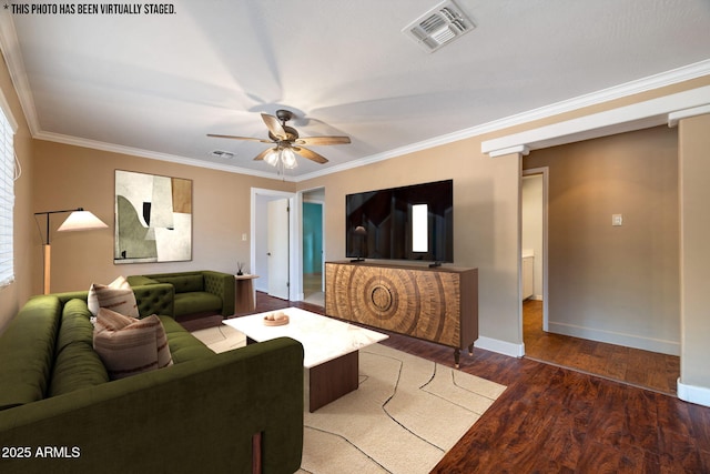 103 E Glade Ln, Payson, AZ 85541 - living room featuring a ceiling fan, ornamental molding, and wood finished floors