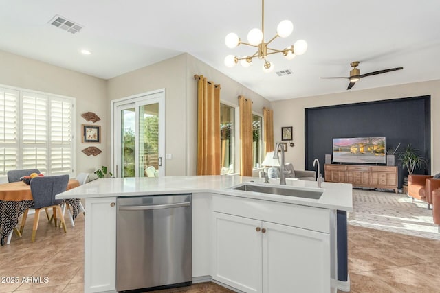 kitchen featuring a sink, visible vents, open floor plan, and stainless steel dishwasher