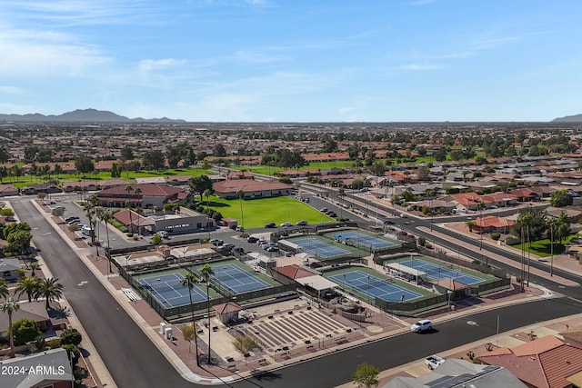 drone / aerial view featuring a mountain view