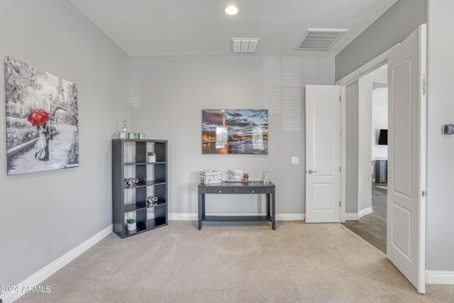 miscellaneous room featuring light carpet