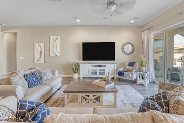15201 S 183rd Dr, Goodyear, AZ 85338 - living room featuring recessed lighting, baseboards, visible vents, a ceiling fan, and wood finished floors