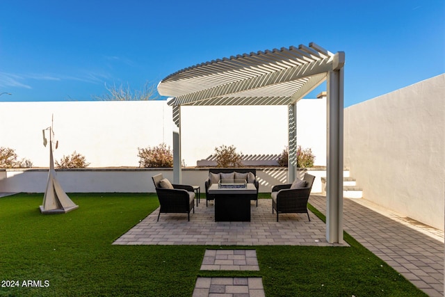 view of patio with a pergola and an outdoor living space with a fire pit