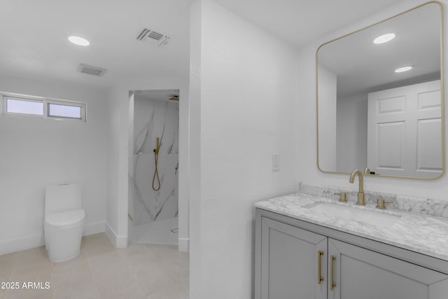 full bath with toilet, a marble finish shower, vanity, recessed lighting, and baseboards