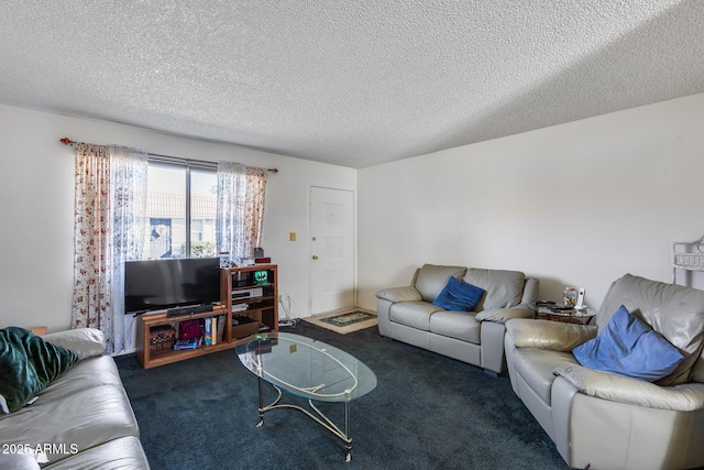 carpeted living room featuring a textured ceiling