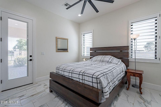 bedroom featuring marble finish floor, baseboards, visible vents, and recessed lighting