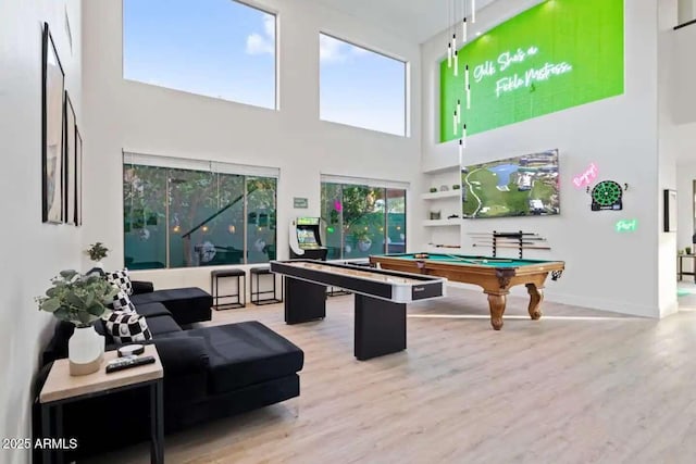 29228 N 48th St, Cave Creek, AZ 85331 - playroom with baseboards, billiards, wood finished floors, and a towering ceiling