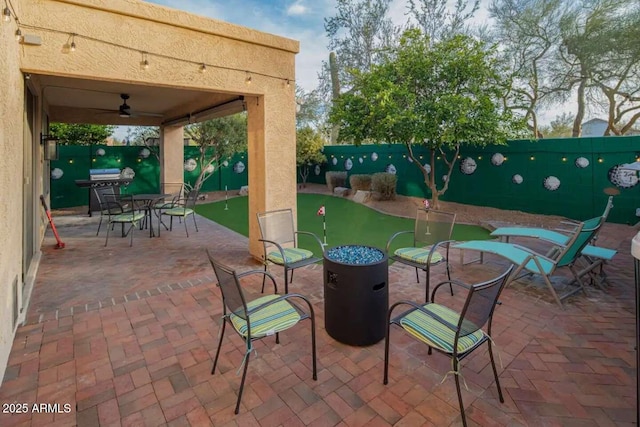 29228 N 48th St, Cave Creek, AZ 85331 - view of patio / terrace featuring a fenced backyard, outdoor dining area, and ceiling fan