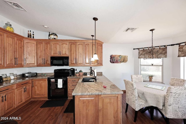 kitchen with sink, dark hardwood / wood-style flooring, lofted ceiling, decorative light fixtures, and black appliances