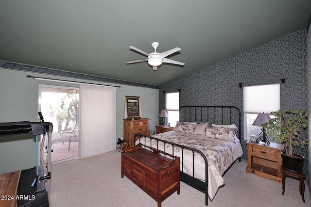 bedroom featuring ceiling fan, light carpet, and access to outside