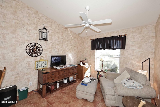 living room featuring tile patterned flooring and ceiling fan