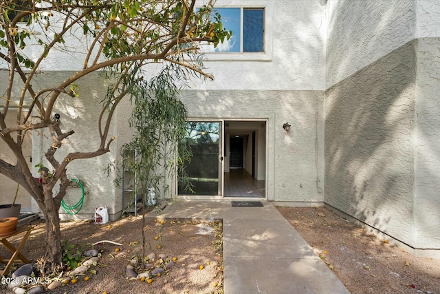 view of exterior entry featuring a patio area and stucco siding