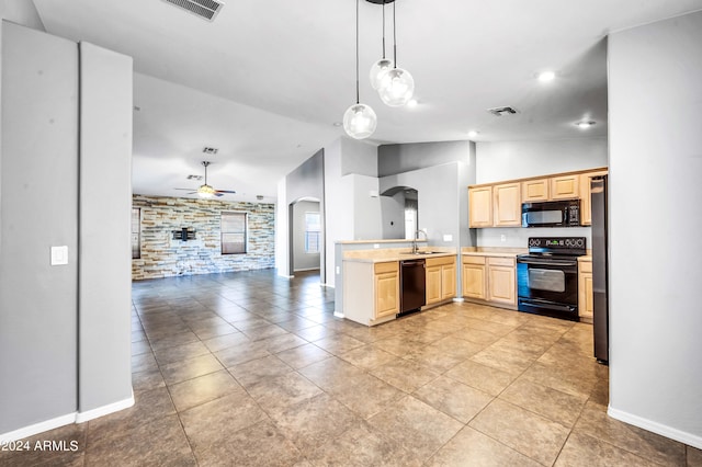 kitchen with ceiling fan, light brown cabinets, sink, lofted ceiling, and black appliances