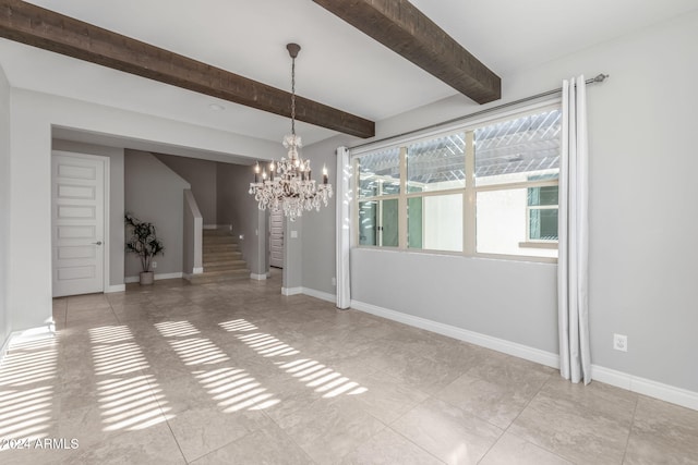 unfurnished dining area featuring beam ceiling, an inviting chandelier, and light tile patterned flooring