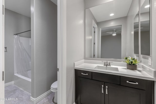 full bathroom featuring ceiling fan, vanity, shower / bath combo, and toilet