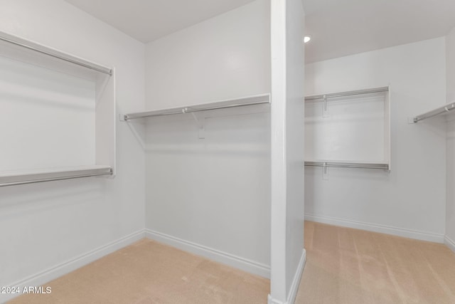 walk in closet featuring light colored carpet