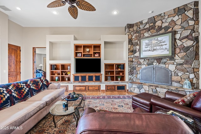 living room with ceiling fan