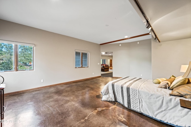 bedroom featuring rail lighting