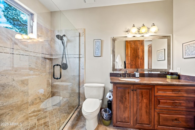 bathroom with vanity, toilet, and a shower with shower door