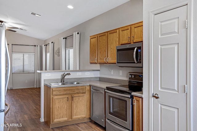 kitchen with a ceiling fan, appliances with stainless steel finishes, vaulted ceiling, a sink, and a peninsula