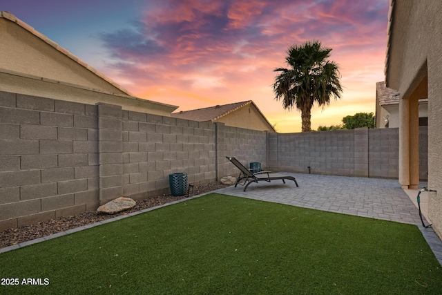 yard at dusk with a patio and a fenced backyard