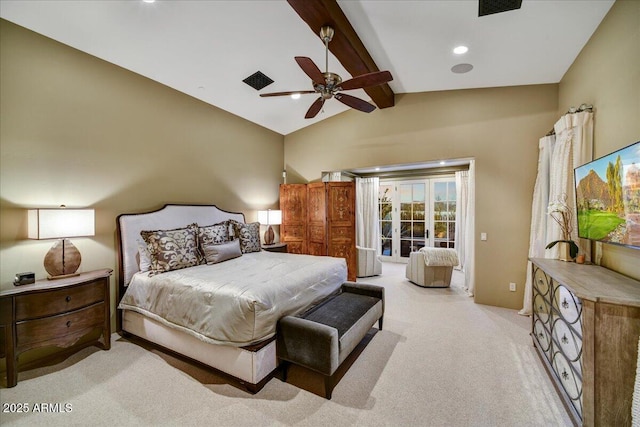 bedroom with lofted ceiling with beams, light carpet, ceiling fan, and access to outside