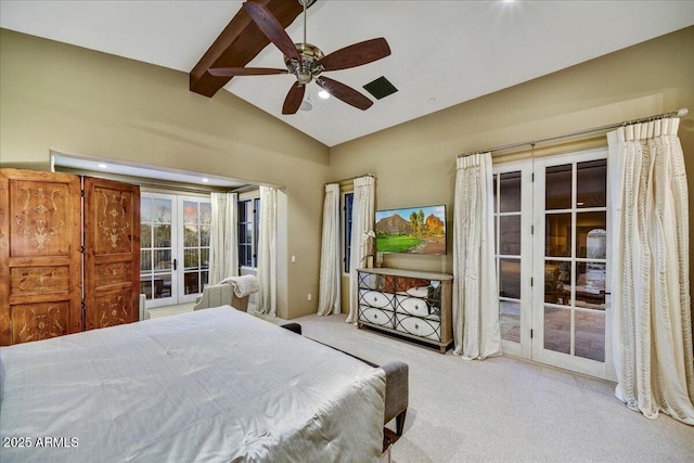 bedroom with beam ceiling, carpet flooring, french doors, a ceiling fan, and access to outside