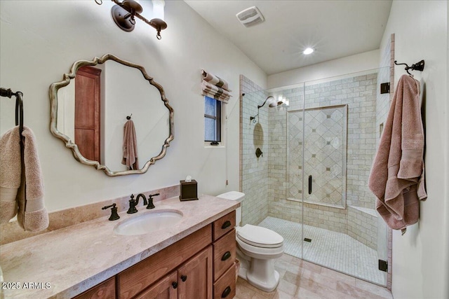 full bathroom with visible vents, vanity, toilet, and a shower stall