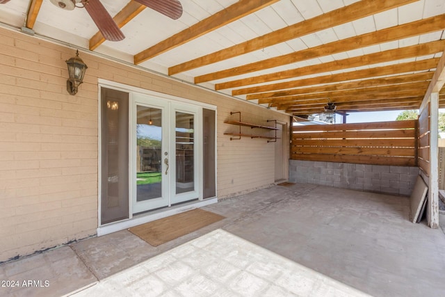 view of patio featuring ceiling fan and french doors