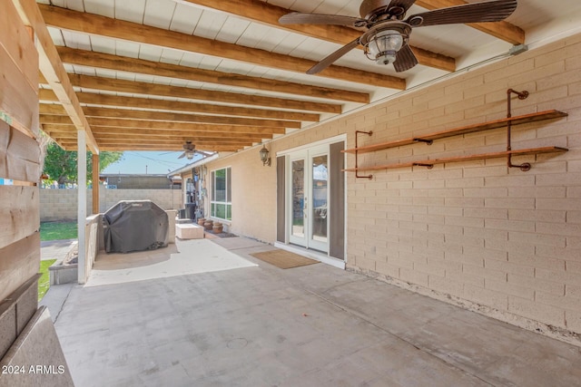 view of patio / terrace with french doors, ceiling fan, and a grill