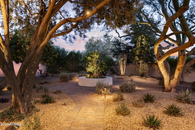 yard at dusk featuring a patio