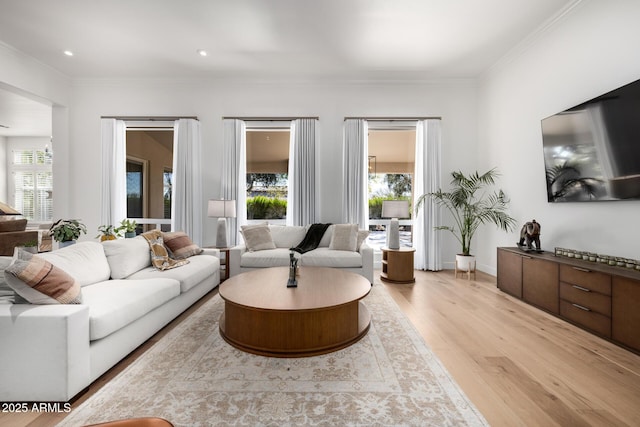 living room with ornamental molding, plenty of natural light, and light wood-type flooring