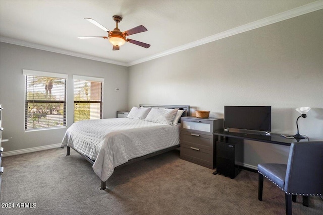 bedroom with dark colored carpet, baseboards, ornamental molding, and ceiling fan