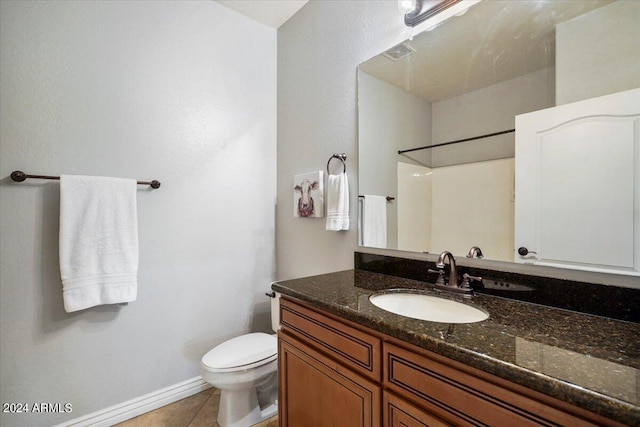 bathroom featuring visible vents, toilet, tile patterned flooring, walk in shower, and vanity