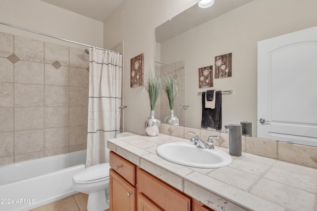 full bathroom with vanity, tile patterned flooring, toilet, and shower / bathtub combination with curtain