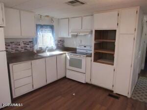 kitchen with electric stove, dark hardwood / wood-style flooring, sink, and white cabinets