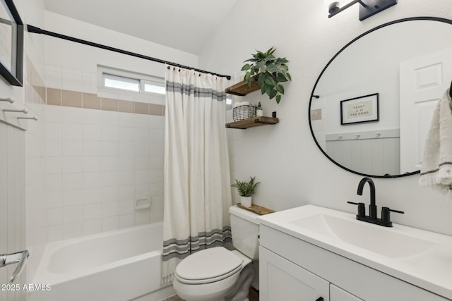 bathroom with toilet, shower / bathtub combination with curtain, and vanity
