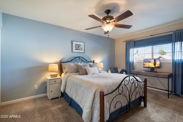 bedroom featuring carpet flooring, baseboards, and ceiling fan