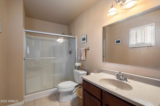 bathroom featuring tile patterned floors, a shower stall, toilet, and vanity