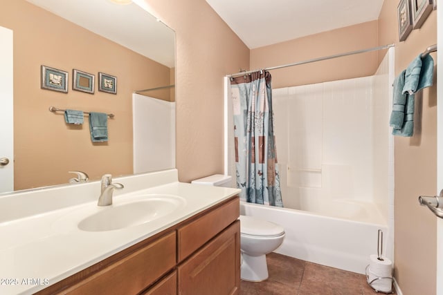 full bathroom with vanity, toilet, shower / bath combination with curtain, and tile patterned flooring