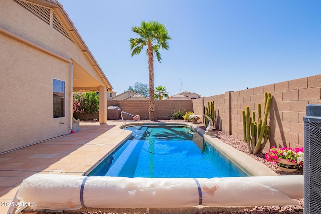view of pool featuring a fenced backyard, a patio area, and a fenced in pool