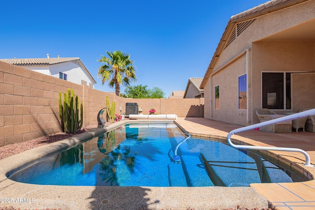 view of swimming pool with a patio, central AC, a fenced backyard, and a fenced in pool