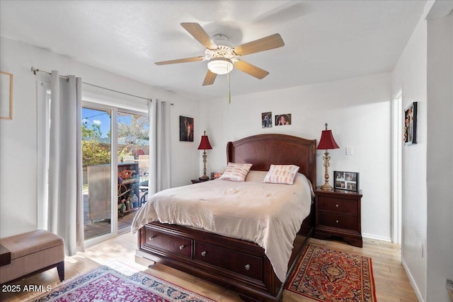 bedroom with ceiling fan, access to outside, and light wood-type flooring