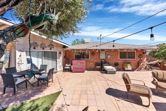 view of patio with a garage