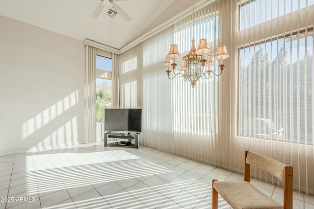 unfurnished sunroom with vaulted ceiling and ceiling fan with notable chandelier