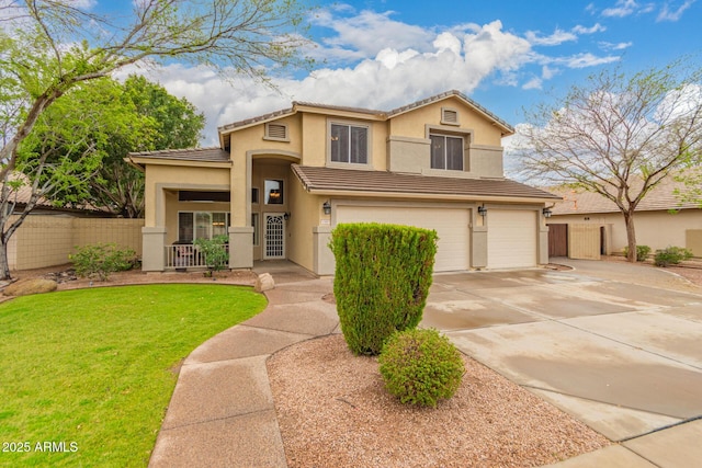 view of front of property featuring a garage, stucco siding, fence, and a tiled roof