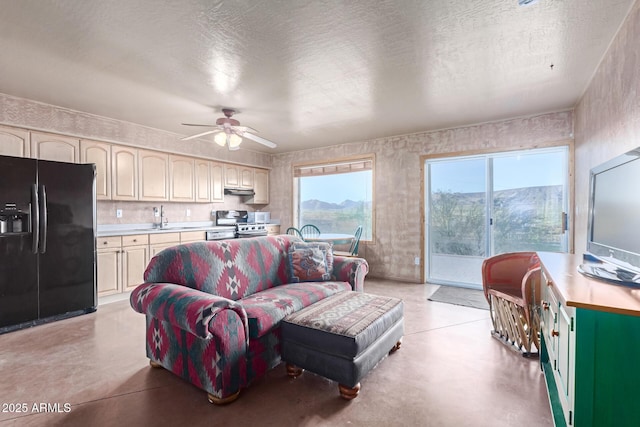 43911 N 13th Ave, New River, AZ 85087 - living area featuring finished concrete floors, ceiling fan, and a textured ceiling