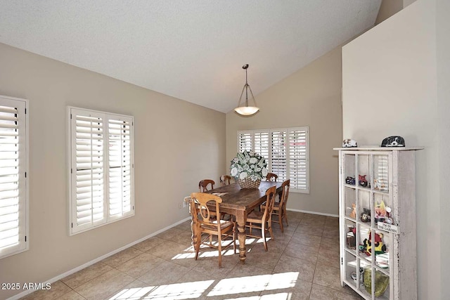 dining room with lofted ceiling, plenty of natural light, and tile patterned floors