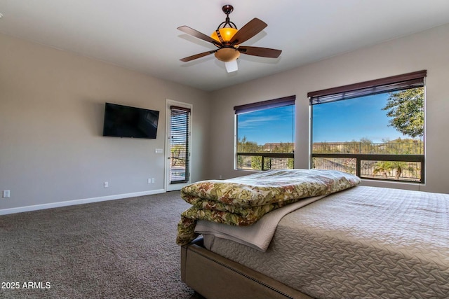 bedroom with access to exterior, carpet, ceiling fan, and baseboards